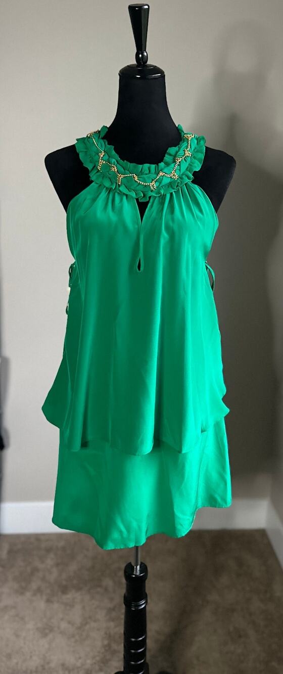 MEGHAN Silk Embellished Halter Mini Dress in Green Size 4